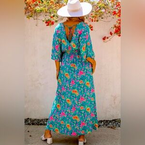 Womens Blue Boho Deep V Neck Floral Maxi Dress size Large